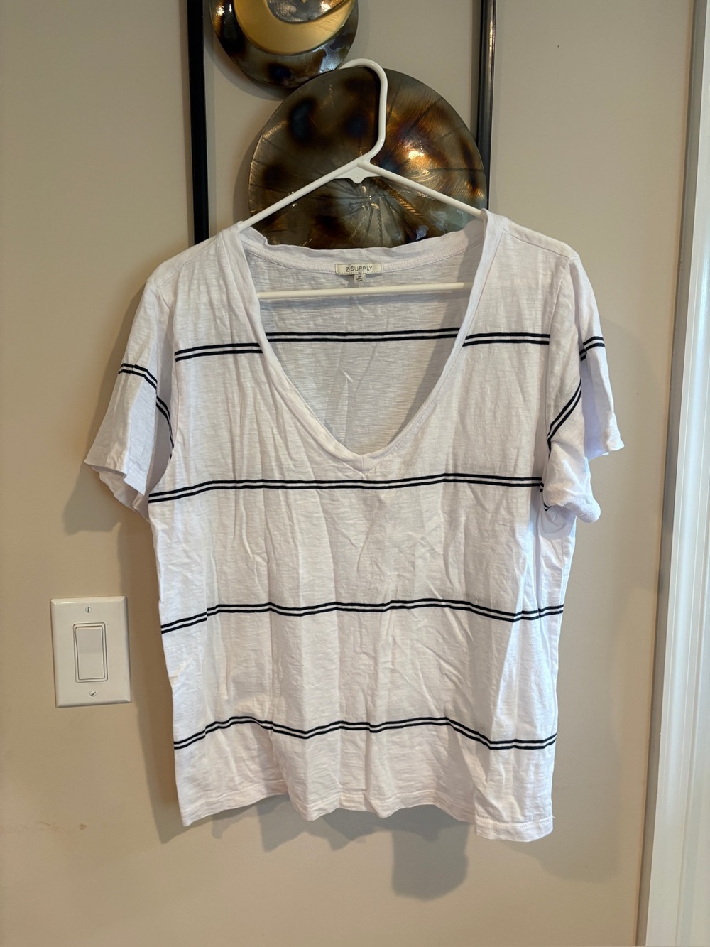 White V-Neck Short Sleeve Striped Tee by Z Supply
